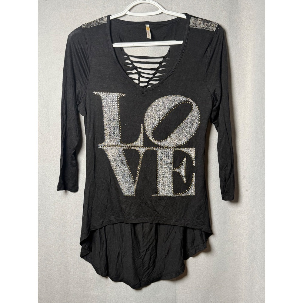 Ocasion Women Black Glitter LOVE Graphic Top Lattice Back Sequin Shoulder XL